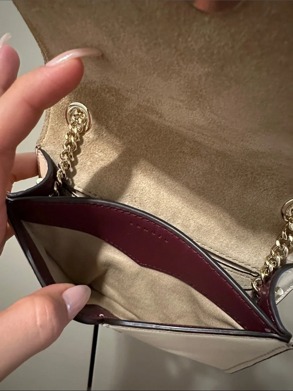 Sandro Lou Calf Leather Crossbody Bag in Burgundy and Cream with Chain Strap